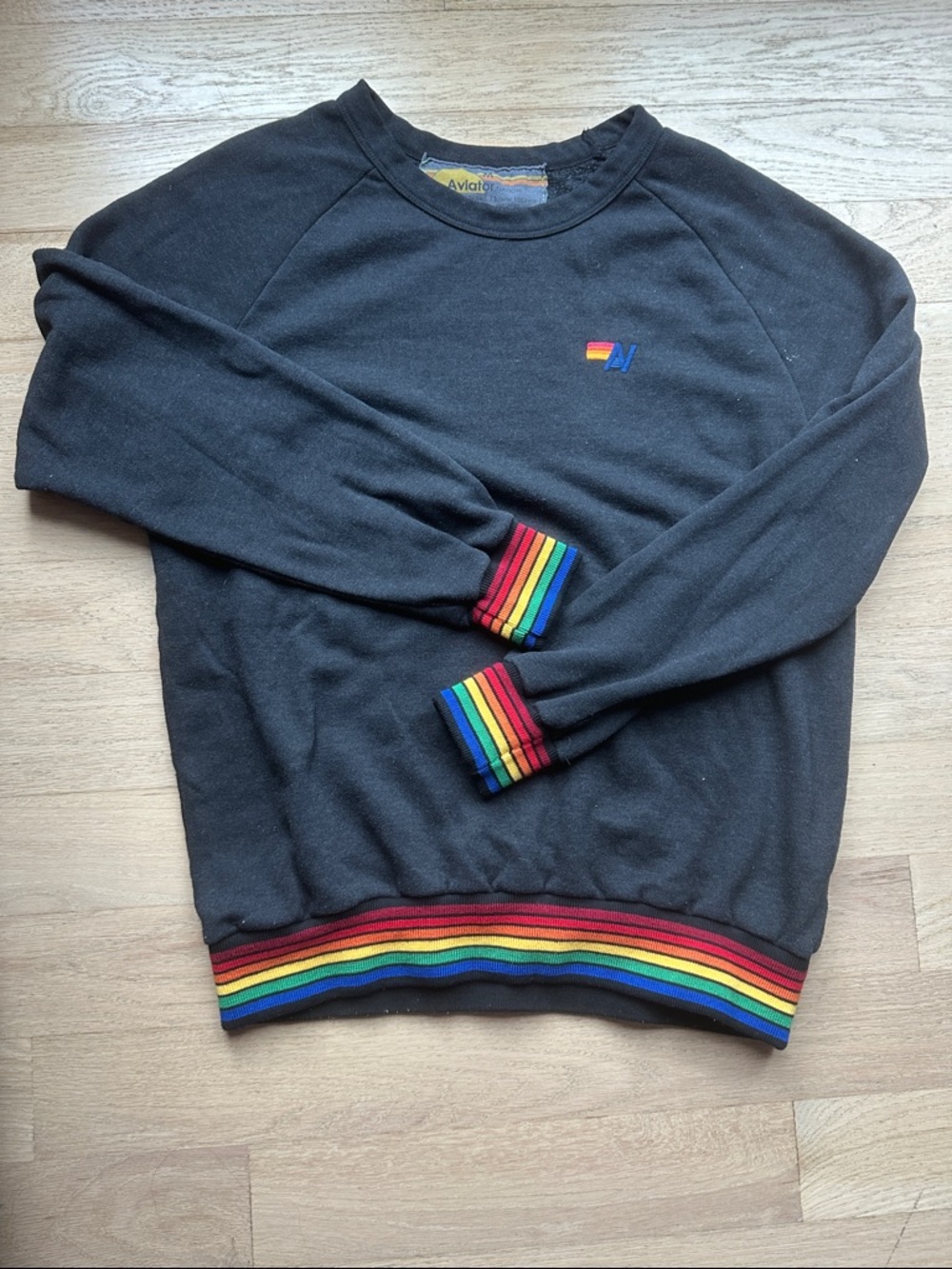 Aviator Nation Black Crewneck Sweatshirt with Rainbow Trim